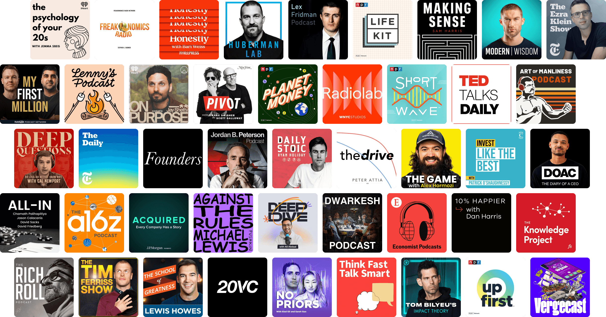 Popular podcast covers collection including Huberman Lab, Tim Ferriss Show, and many other leading podcasts