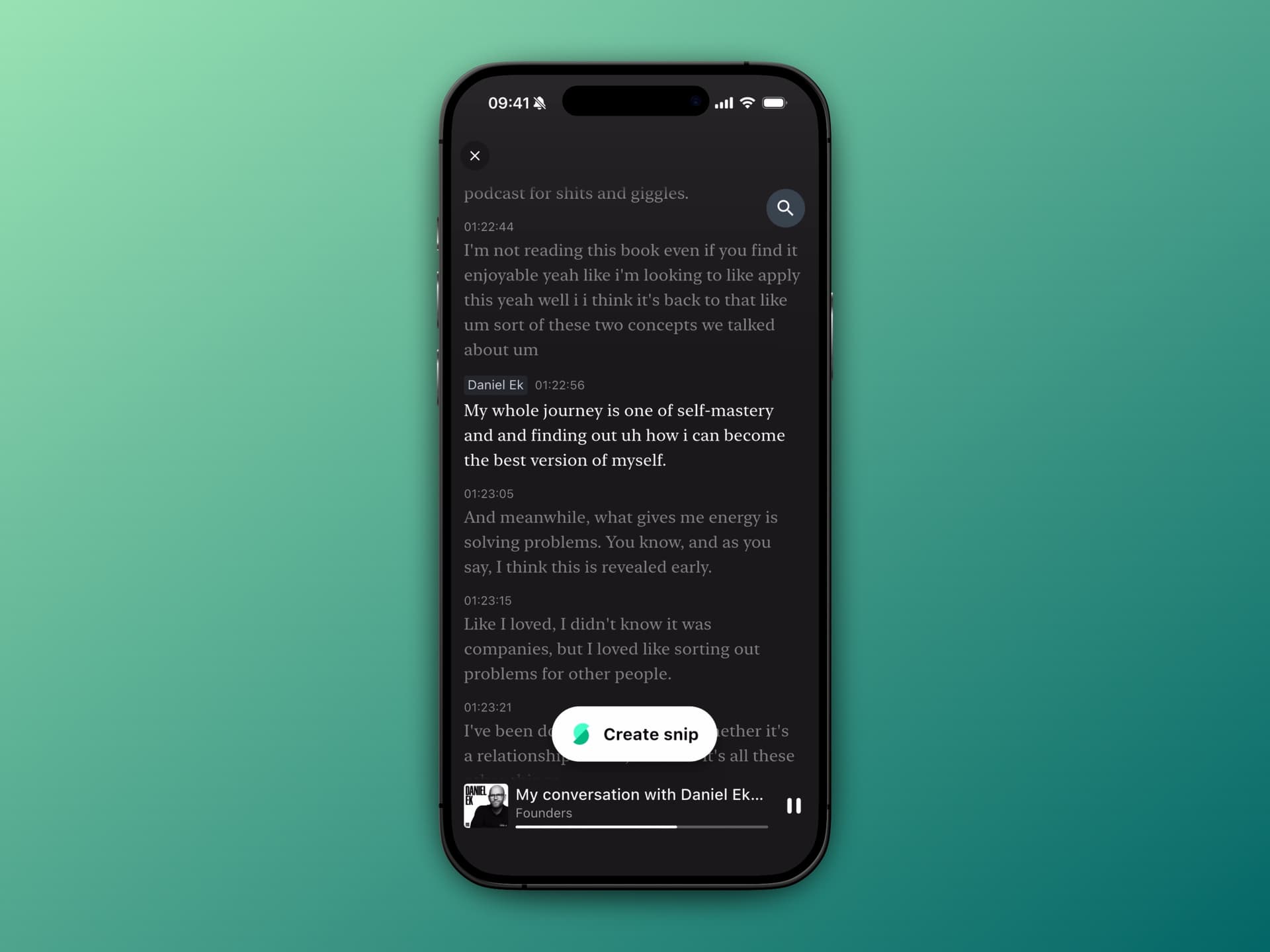 Screenshot showing podcast transcript with real speaker names in Snipd